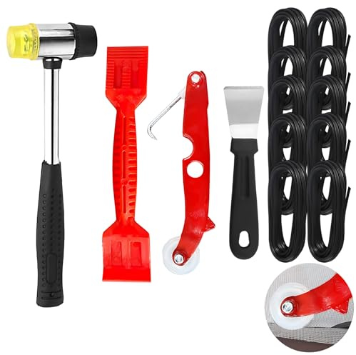 Eowppue Outils d’Installation de fenêtres Rouleau en Nylon Spline 10 mètres diamètre 4mm avec Marteau grattoir Rouleau démontable et spatule pour Pose de moustiquaire et vitrage Bricolage Profession