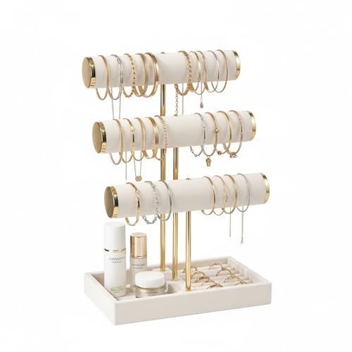 Pangkeep 3 Tier Bracelet Necklace Holder,Jewelry Displays for Vendors,T Bar Velvet Jewelry Stand with Tray,Jewerly Organizer for Bangles Necklace Scrunchie Watches Rings (Beige)