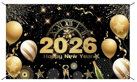 Silvester Banner Deko 2026,71 x 44 Zoll Happy New Year's Eve Backdrop für Deko, XXL Neujahr Deko Silvester Thema Party, Extra Große Schwarz Gold Stoff Feuerwerk Champagner Foto Booth Hintergrund