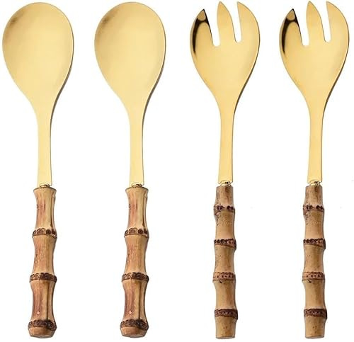 Set di Posate 4 Pezzi Manico Lungo Cucchiaio da Insalata Forchetta Che Serve Spork Bamboo Manico in Legno Stoviglie in Acciaio Inossidabile