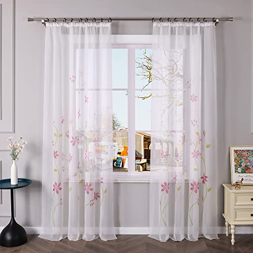 Yujiao Mao Voile Gardine mit Blumendruck Flowers farbenfrohe Vorhänge Schal mit Kräuselband 1er Pack Pink BxH 150x175cm