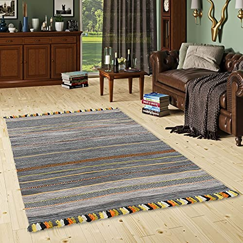 Natur Teppich Bauwolle Kelim Kalleen Anthrazit in 6 Größen