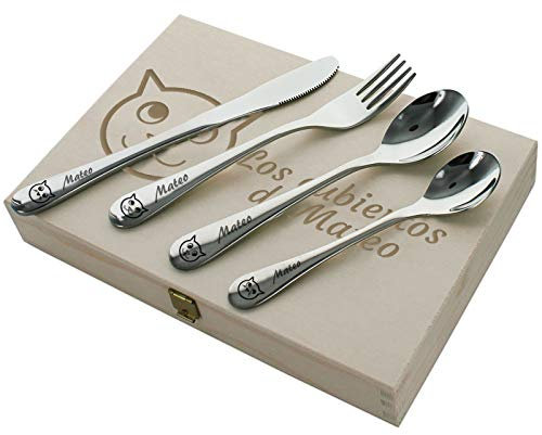 Amikado Cubiertos para niños y Cofre Grabados (Gatos)