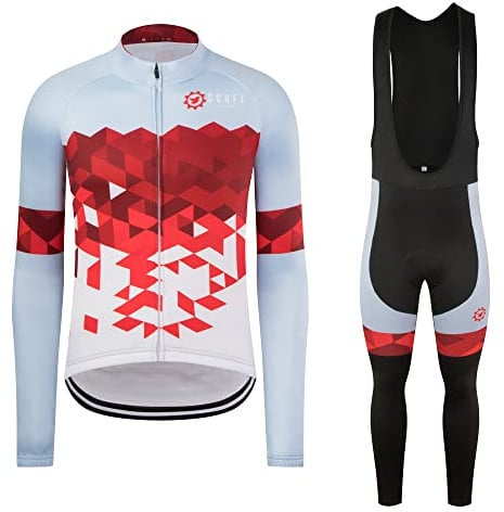GCRFL Winter-Radtrikot-Set, Thermo-Fleece, Fahrradtrikot + Trägerhose, langärmelig, Radbekleidung Sets für Herren, Hellblau/Rot, X-Large