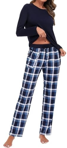 Uniexcosm Women's Pyjama Sets Cotton Checked Loungewear Set Long Sleeve Cotton Top and Pants Sleepwear for Ladies Navy Blue