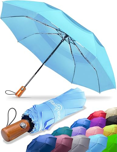 Raintrend Hochwertiger hellblauer Regenschirm, kompakter Regenschirm, Winddicht, automatischer Regenschirm, tragbar, großer Regenschirm für Regenschirm, Holzgriff, winddichter Reise-Regenschirm