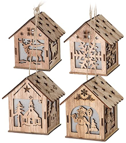 com-four® 4-teiliges LED Hängedeko-Set aus Holz - Hängefigur Haus mit Beleuchtung - weihnachtliche Dekoration zum Aufhängen - Weihnachtsdeko [Auswahl variiert] (Haus - 4 Stück)