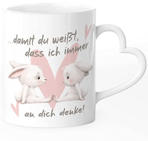 SpecialMe® Tasse mit Herz-Henkel Spruch Geschenk Liebe Freundschaft Hasen-Paar Herz Damit du weißt dass ich an dich denke weiß - Herz Herz-Tasse