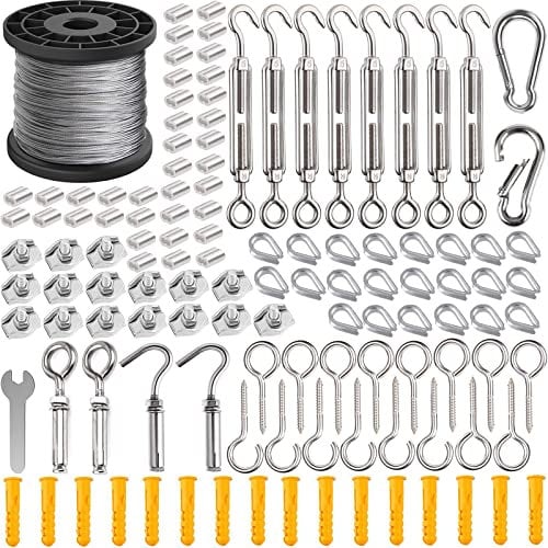 60M Garden Wire For Climbing Plants Training Wire Rope Kits, AMLOOPH Stainless Steel Metal Cable Garden Heavy Duty 2mm Catenary Wires Trellis Fence Kit With Turnbuckle Tension Wires Tensioner