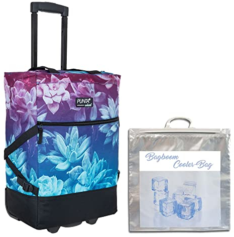 Einkaufstrolley Trolley groß Einkaufsroller faltbar Punta Wheel 35 Liter Volumen Alu Stange Schulter-Handgurte Auswahl + Thermo Kühltasche (Flower Lila 10008 5821 + Bagboom Tasche)