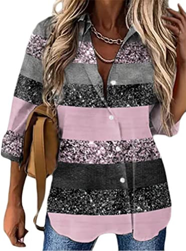 Onsoyours Chemisier Chemise Femme du Quotidien Fin de Semaine Rayé Graphique Scintillant Manches Longues Bouton Imprimer Col de Chemise Décontractée Hauts A Rose M