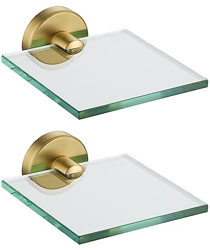 JQK Kleine schwebende Glasregale Gold, 10,2 cm Displaykanten für Wand, Mini-Dekor, Wohnzimmer, Schlafzimmer, Badezimmer, gehärtetes Glas, Duschaufbewahrung, 2 Stück, TGS101L4-BG-P2