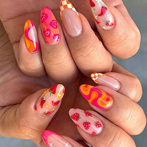 24Pcs Almond French Press on Nails Short, Cute Vegetable and Fruit Oval Acrylic Nails Glossy Fake Nails, Glue on Nail Summer False Nail with Designs Stick on Nail for Women