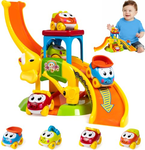 Jouet à partir de 1 an - Toboggan éléphant pour les tout-petits de 1 à 2 ans - Contient 4 voitures en forme d'animal - Cadeau d'anniversaire pour garçons et filles