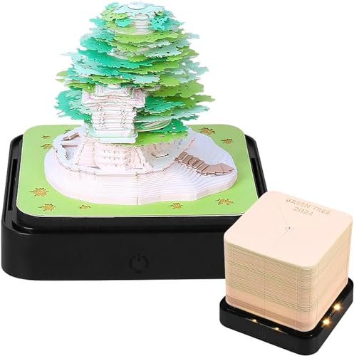 willkey 3D Desk Calendar 2025 Memo Pad Paper Art Creative Desk Calendar with LED Lights Green Tree/Earth Shape Acrylic Cover Desk Calendar for Home Office Desktop decor (Green Tree House)