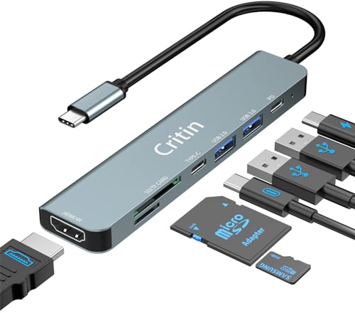 7-in-1 USB C Hub Multiport Adapter, 4K HDMI, SD/TF Card Reader, 100W PD Charging, USB-C & 2 USB-A Data Ports Compatible with MacBook Pro/Air 2023-2016, Dell XPS, iPad Pro, Galaxy Book