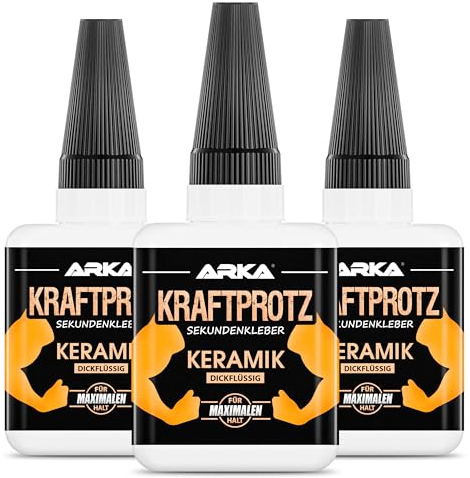 arka 3x 50 g KERAMIK & PORZELLAN Sekundenkleber extra stark | Inkl. Anti-Austrocknung-Spitze | KRAFTPROTZ | Dickflüssiger Superkleber | Wasserfest | Keramikkleber,Steingutkleber & Porzellankleber