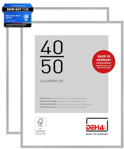 DEHA Design Aluminium Bilderrahmen Tribeca, 40 x 50 cm 2er Set, Silber | Aluminium Posterrahmen im Hoch- & Querformat zum Aufhängen Silber gebürstet bruchsicheres Kunstglas