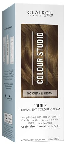 Clairol Colour Studio Permanent Colour Cream | Hair Dye | Long-lasting Rich Tones | 100% Grey Coverage | Dermatologically Tested Vegan Formula | Hair Colouring Kit | Caramel Brown 5/3 | 50ML