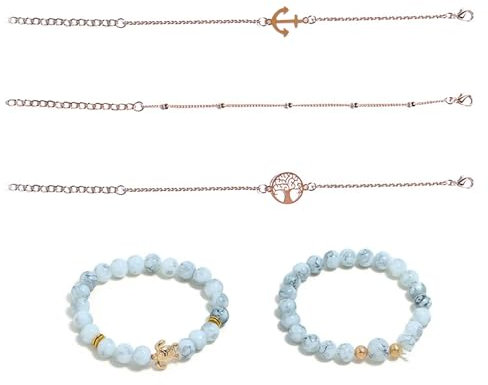 COACOM 5-Teiliges Mädchen-Armband-Set, Verstellbar, Schildkröten-Türkis-Gold-Baum-Anker-Design, Damen-Accessoires