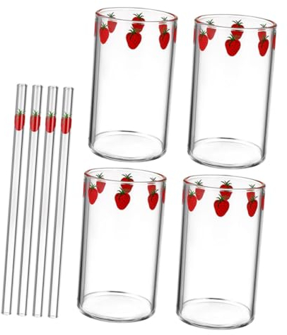 LIFKOME Tazza Cannuccia in Bicchieri Per Fragole Per Latte Tè E Bevande Set Da 4 Pezzi Design Fondo Piatto Riutilizzabile
