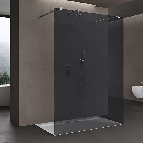 doporro Duschwand für Dusche Duschabtrennung 90x200 Walk-In mit Doppel-Stabilisator aus Echtglas 10mm ESG-Sicherheitsglas Vollgrau inkl. Nanobeschichtung
