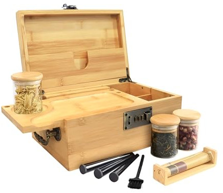 JIABOLANG Bambusbox mit Zahlenschloss, Dekorative Box mit Griff, Große Aufbewahrungsbox Set, Premium abnehmbarem Tablett, 3 Gläser, Bambus-Kräuterrolle und Zubehör Set (Bambus)