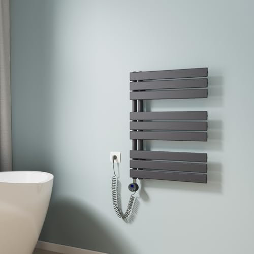 EMKE Scaldasalviette elettrico da bagno, 762 x 600 mm, con termostato, scaldasalviette elettrico, scaldasalviette con barra riscaldante, antracite, 400 W