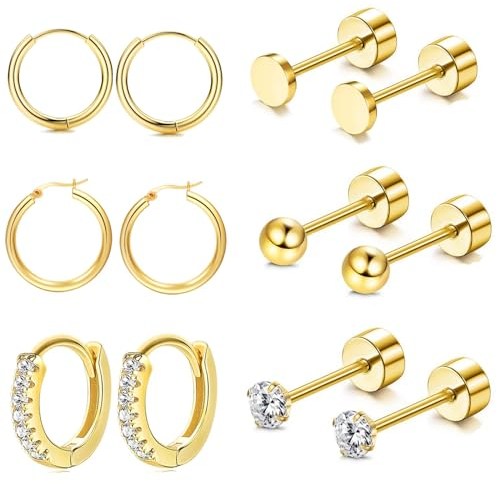 Jagosen Gold Ohrringe Set - 6 Paar Titan Ohrstecker und Creolen für Damen - Chirurgenstahl Hypoallergene Medizinische Knorpel Helix Flat Piercing