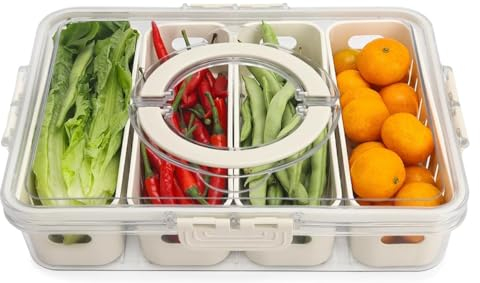 Les-Theresa Fridge Food Storage Containers, Fridge Storage Boxes With Handles Fruit Containers For Fridge, Divided Serving Tray With Lid Salad Fresh Container Fridge For Fruit, Vegetable (4)