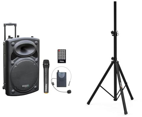 Ibiza - PORT15UHF-BT - Altavoz portátil 15/800W MAX con 2 micrófonos (UHF), Mando a Distancia & Audibax Neo 131 - Soporte Profesional para Altavoces - Trípode para Altavoces - Trípode Extensible