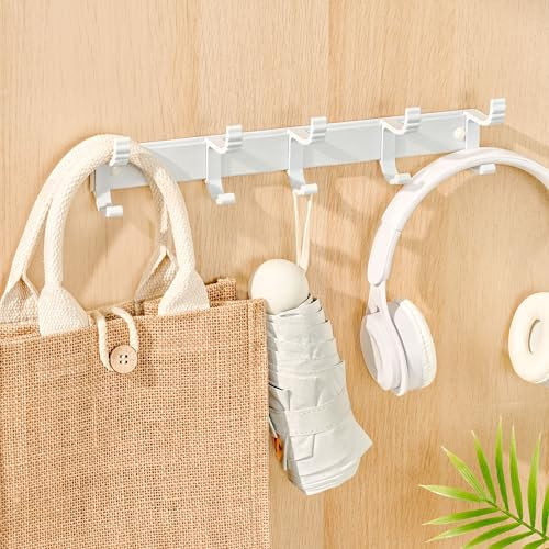 pickpiff Porte-manteau mural : cinq crochets mobiles, montage mural ou collage - blanc - porte-manteau robuste pour vestes et manteaux, lot de 2