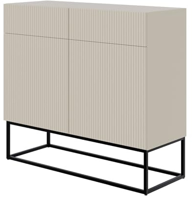Selsey Kommode Schrank Aufbewahrungsschrank 100 cm Mit 2 Schubladen Und 2 Türen Graubeige Schwarze Beine Veldio