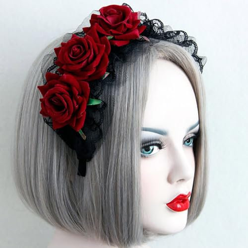 Caiguoer Gothic Lolita schwarze Spitze rote Rose Haarband Cosplay Halloween Party Kopfbedeckung für Damen