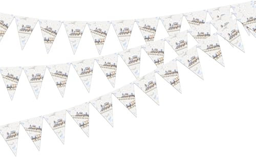 kreat4joy Train Birthday Decorations, 3 Pack Train Birthday Bunting Banner, Train Party Triangle Flag Pennant Garland for Boys Transport Railroad Retro Train Theme Baby Shower Birthday Party Supplies