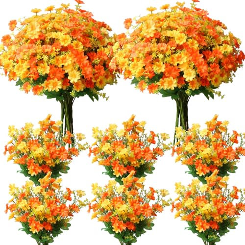12 Bundles Outdoor Autumn Artificial Daisy Silk Flowers Yellow Orange Fake Wildflowers UV Resistant Fall Faux Flowers Plastic Plants Greenery for Indoor Pot Vase Graves Window Box Outside