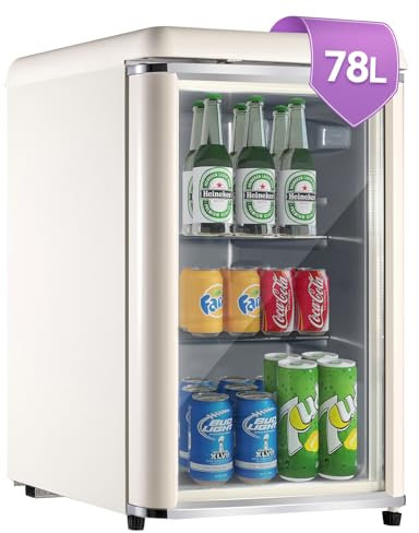 DRIXNO Retro Kühlschrank Getränkekühlschrank 78L mit Chromleiste, Klein Kühlschrank mit Glastür Eingebautes LED-Licht, Verstellbare Einlegeböden, 43dB leiser Betrieb, Geeignet für Haus, Büro, Beige