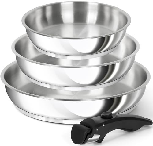 MICHELANGELO Juego de sartenes de acero inoxidable, sartenes de cocina con mango extraíble, juego de sartenes de acero inoxidable de base triple, sartén compatible con inducción, 8 pulgadas, 9.5