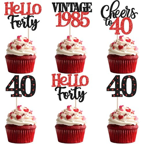 Xsstarmi 24 Pack 40th Birthday Cupcake Toppers Red Glitter 40 Hello Forty Vintage 1985 Cupcake Picks Cheers to 40 Birthday Cake Decorations for 40 Fabulous Happy 40th Birrthday Party Supplies
