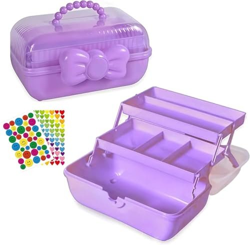 Momo's Den 3-Layer Craft Storage Box with Handle – Multipurpose Organizer with Adjustable Compartments for Crafts, Sewing, Medicine, Cosmetics & More – Includes 2 Stickers (Purple Box)