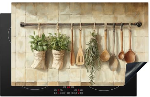 KitchenYeah© Protection Plaque Induction 85x52 cm Protege Deco Cuisine Cache Protège De Cuisson Accessoires Bois - Ustensiles de Cuisine - Nature Morte - Carreaux de Faïence