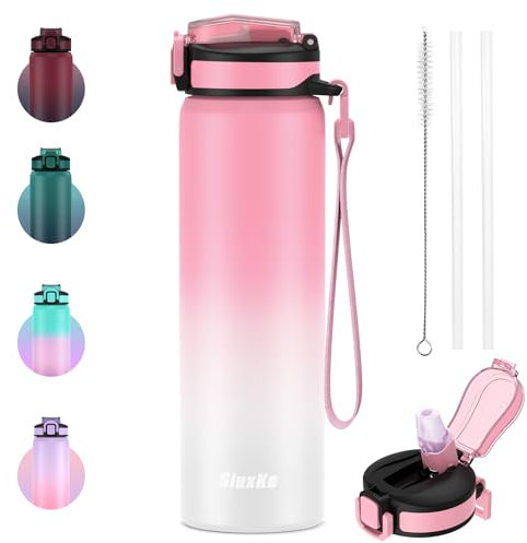 SLUXKE Edelstahl Trinkflasche mit Strohhalmdeckel 700ml, BPA-Frei Auslaufsicher Thermosflasche Metall Wasserflasche Doppelwandig Isoliert für Sprudel, Sport, Schule, Fitness