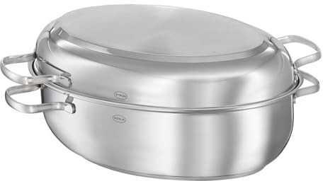 RÖSLE Bräter oval PUREELEMENTS Keramik ProCeraPlus, Edelstahl 18/10 | Deckel als Pfanne nutzbar, induktionsgeeignet, backofenfest, Keramikversiegelung ProCeraPlus, silbern