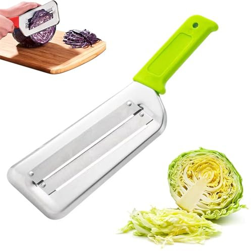 Dual Blade Julienne Cutter, Stainless Steel Double-Layer Slicer, Stainless Steel Cabbage Shredder for Coleslaw & Sauerkraut, Ergonomic Lettuce Chopper with Silicone (Grass Green)