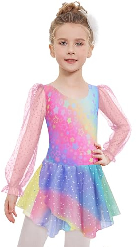 Arshiner Abbigliamento da Balletto per Ragazze Vestito da Balletto a Maniche Lunghe Stelle Arcobaleno Vestito da Danza per Bambini Body da Danza in Cotone con tutù 8-9 Anni