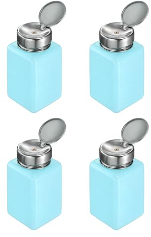 sourcing map 4pcs Solvent Alcohol Dispenser 180ml(6oz) Nail Polish Remover Push Down Liquid Dispenser Pump Bottle with Stainless Steel Press Head for Acetone Solution, Blue