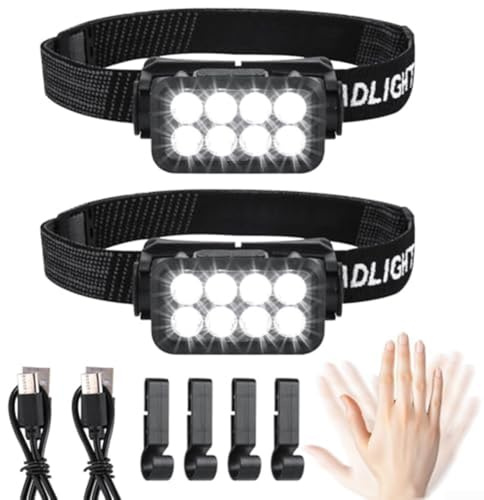 2 X Charging Cables Multi-functional Headlamp LED Headlamp 5-lighting Modes Hand Wave Sensor Battery Display Indicator Light Size 9.3 * 5 * 4.4cm For Construction Work Adjustable Headband