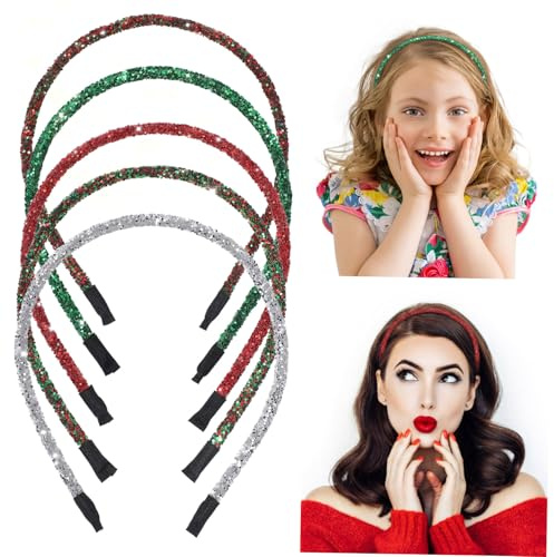 FONDOTIN 5stücke Teiliges Glitzer Stirnband Weihnachts Haarreif Glitter Haarschmuck Für Damen Mädchen Festival Party Xmas Dekoration in Rot Grün Mix