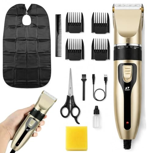 Hair Clippers for Men, USB Rechargeable Hair & Beard Trimmer Cutting Kit | 4 Guide Combs, Precision Cutting, Cordless Grooming, Barber Scissors, Cleaning Brush, Lubricating Oil, Barber Cape