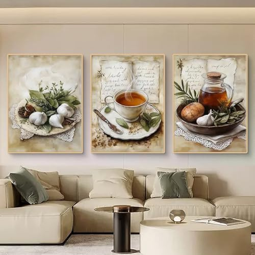 TROYSINC 3er Vintage Küchen Bilder Set, Aesthetic Rustikale Lebensmittel und Kräutertee Stoffkunst Wanddeko für Wohn- und Esszimmer, Wandbilder Wohnzimmer, ohne Rahmen (40x50cm)